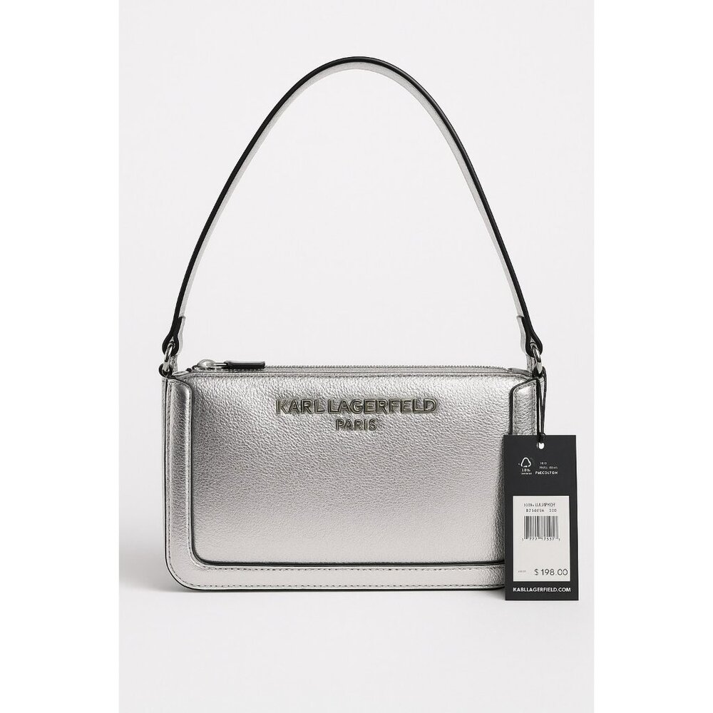 NWT Karl Lagerfeld Paris Silver Leather Shoulder Bag With Zipper Closure